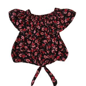 EXPRESS Black Pink Flower Ruffle Collar Short Sleeve Crop Top Blouse S